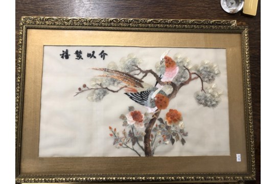 Framed Chinese silk of birds on branch