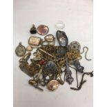 Qty vintage jewellery to inc 9ct gold and front lockets , fob etc.