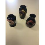 Three Moorcroft small vases in original condition, no damage or restoration