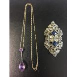 Edwardian Amethyst drop pendant and 1920's paste brooch/clip