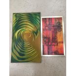 Two abstract paintings. Vortex in greens 1972 and red palette untitled M Wieland 1985