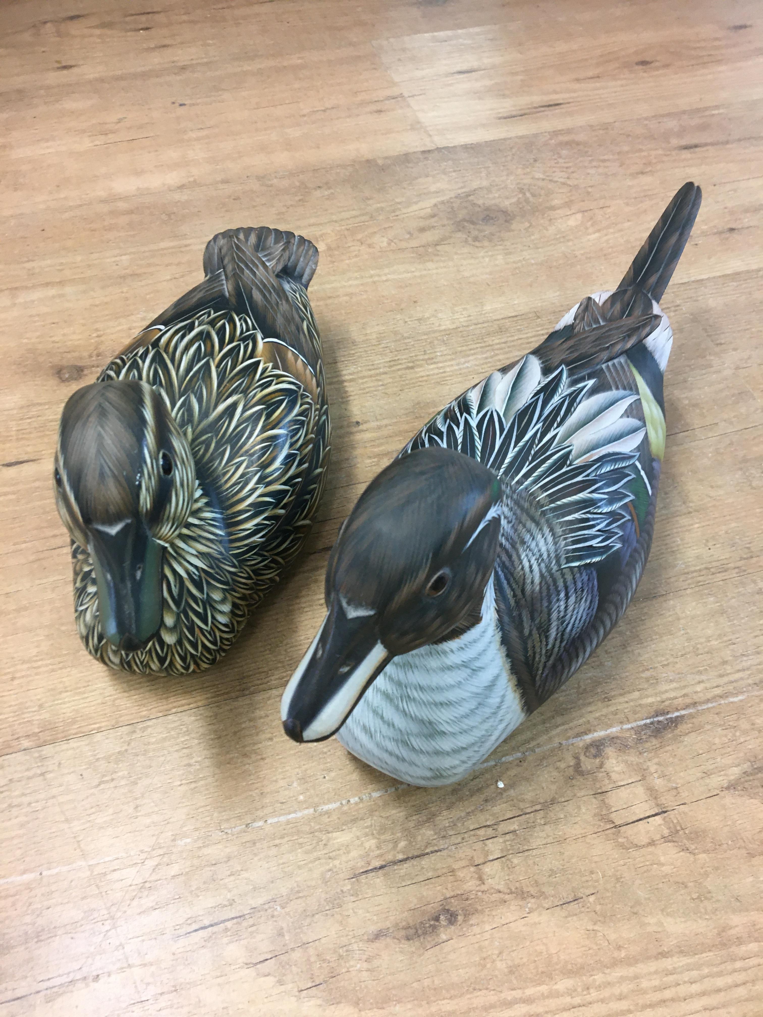 Two painted wood carved lifesize ducks