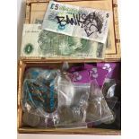 Quantity of coins and banknotes, one signed Banksy