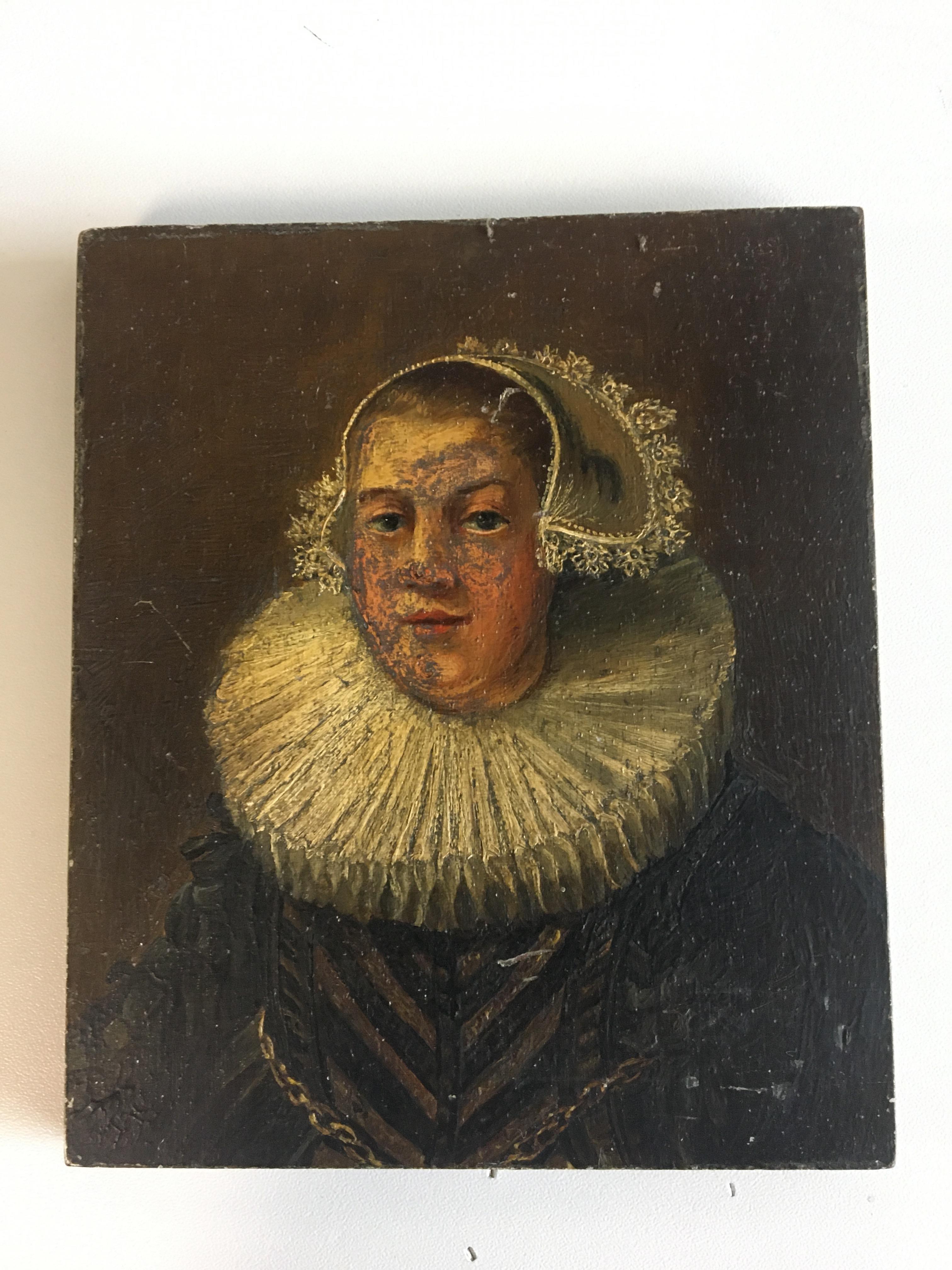 Oil on board miniature of woman in ruffle