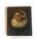 Oil on board miniature of woman in ruffle