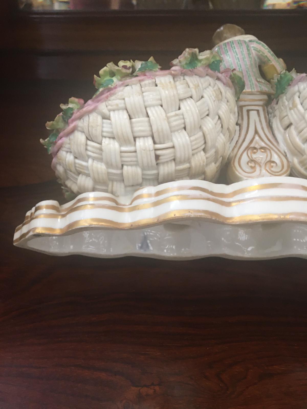 Meissen style ceramics to include bon bon dish, pair of costermongers and nobleman and ribbon bowl - Image 3 of 4