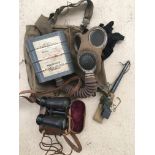 Pre WWII gas mask, vintage binoculars and bayonet