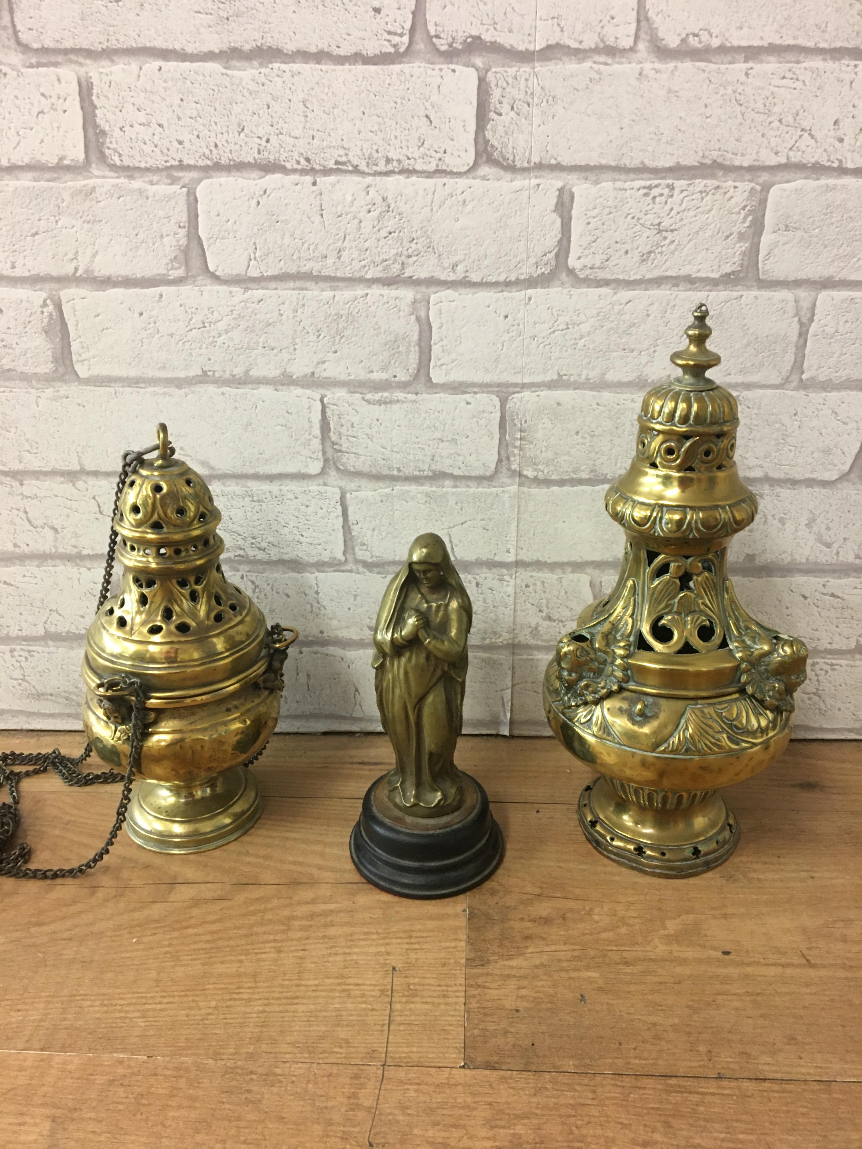 19th century brass censers and figure of Virgin Mary