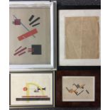 Four Russian abstract framed originals and a pamphlet printed with cubist imagery