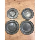 Four 18/19th century pewter platters marked evans etc