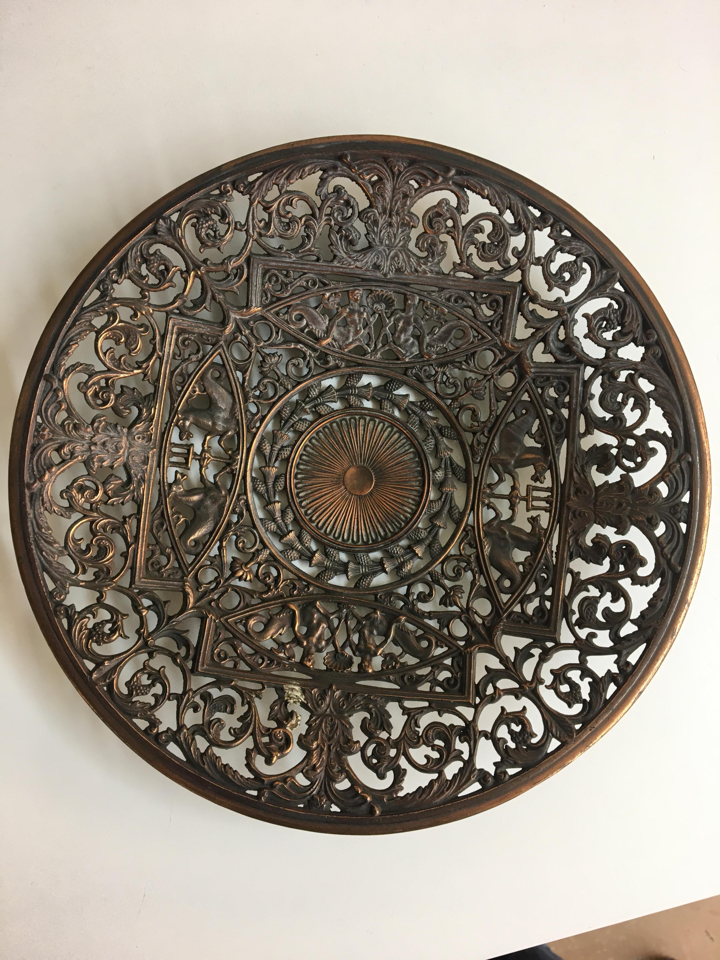 Gun metal filigree dish marked Coalbrookdale C1851 11" width