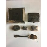 Hallmarked silver cigarette box, spoon, vesta, pill box and cigarette case