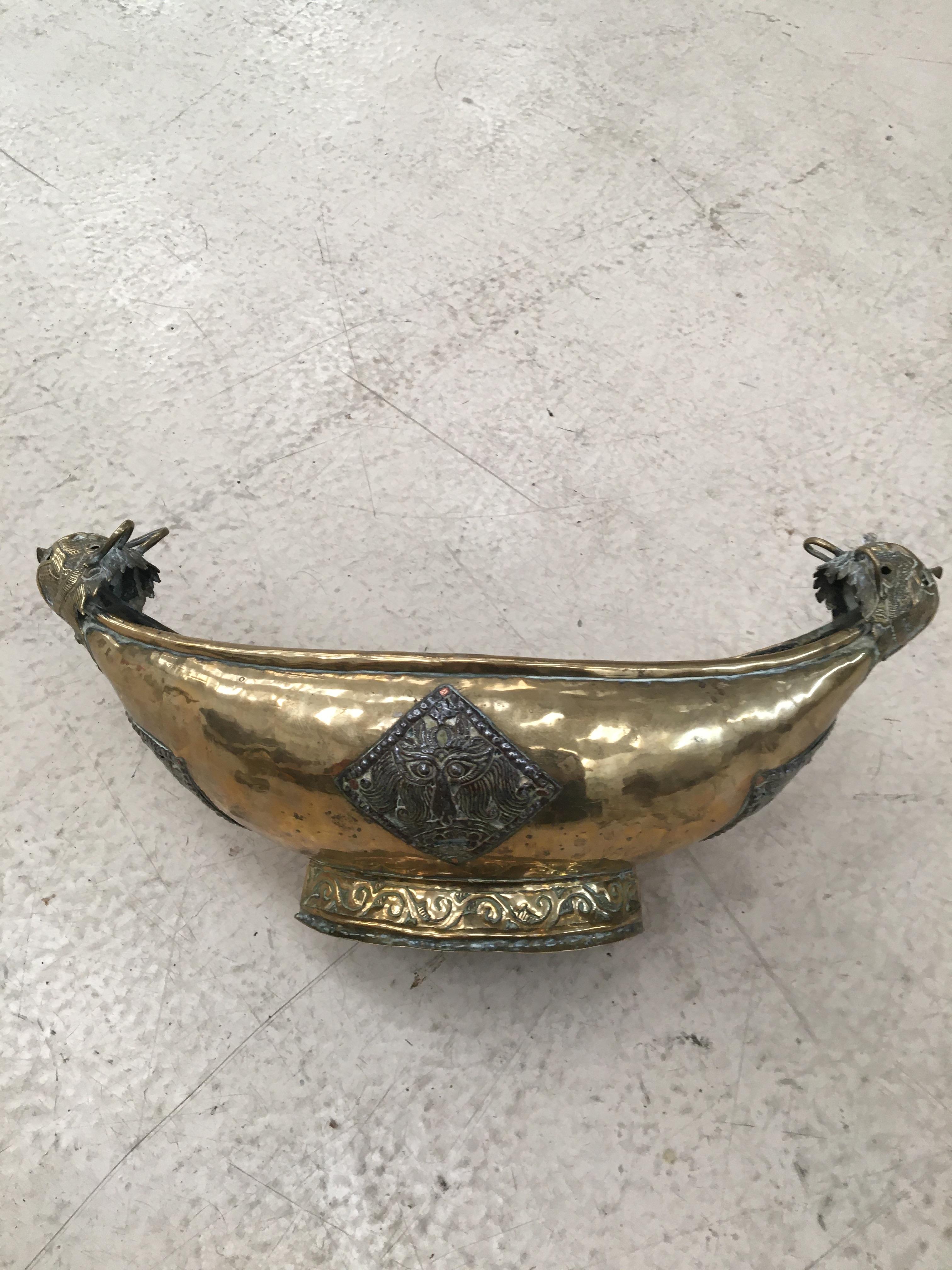 19th century Indo-Chinese double headed brass and copper elliptical vessel