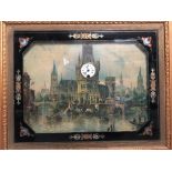 Framed picture of European town with clock set to the picture..