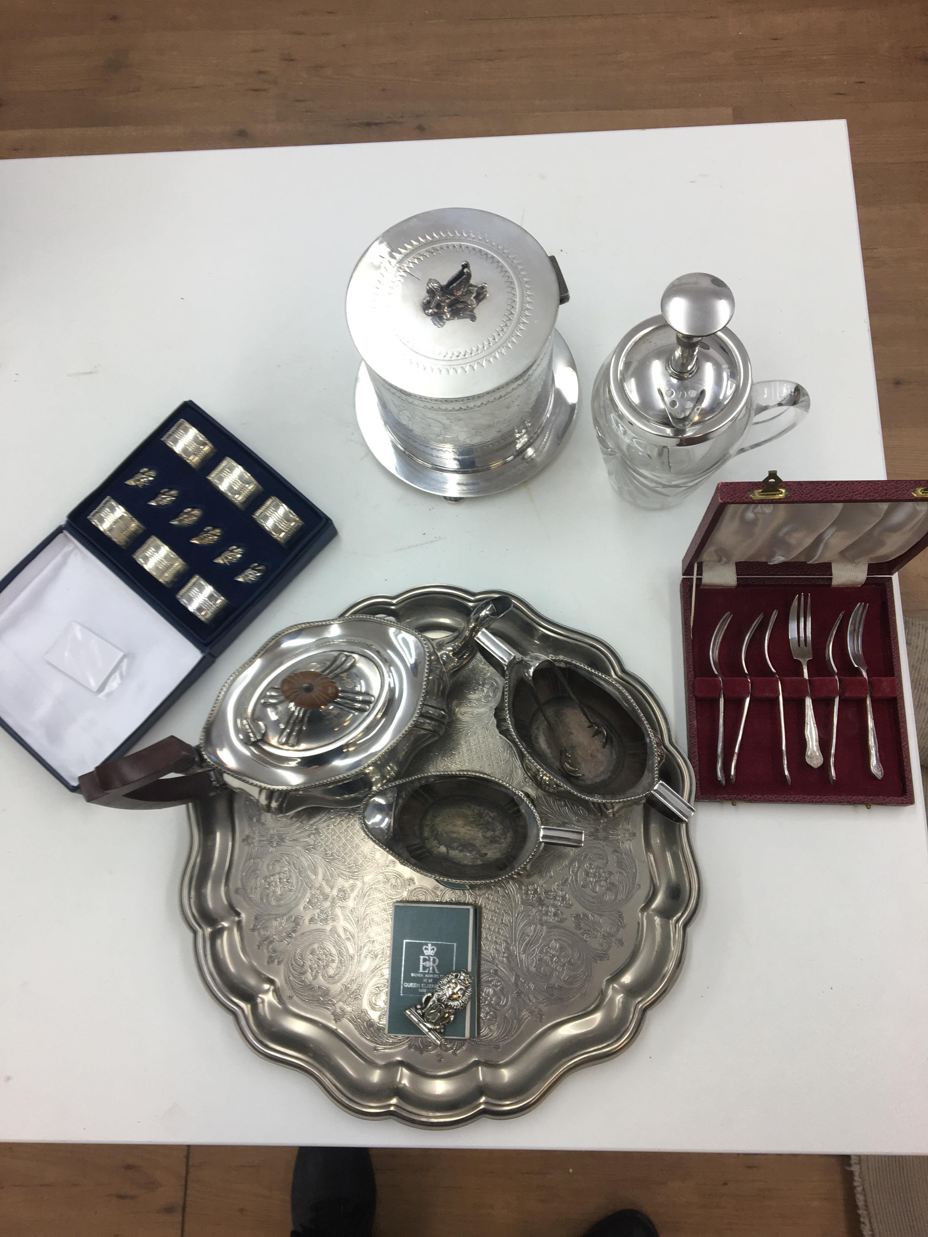 Silver plated items to inc Sphinx finialled biscuit tin, tea set, tray etc.