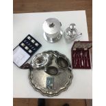 Silver plated items to inc Sphinx finialled biscuit tin, tea set, tray etc.