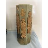 Qing Dynasty Jade Cong style vase with applied carved bone deities.,the heavy carved octagonal