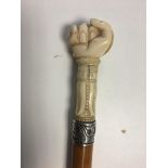 Victorian Silver collared Ivory handled walking cane carved as a hand with a snake.hallmarked