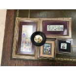 Five framed Miniature Persian paintings on bone and Mother of pearl, in ornate frames.