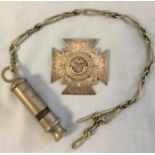 Metropolitan whistle on silver albert chain and Victorian Silver rifles medal.