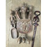 Three African Carvings to include large figure and walking stick.