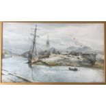 C.W.Adderton watercolour of ships signed lower right, 33 cm x 57 cm