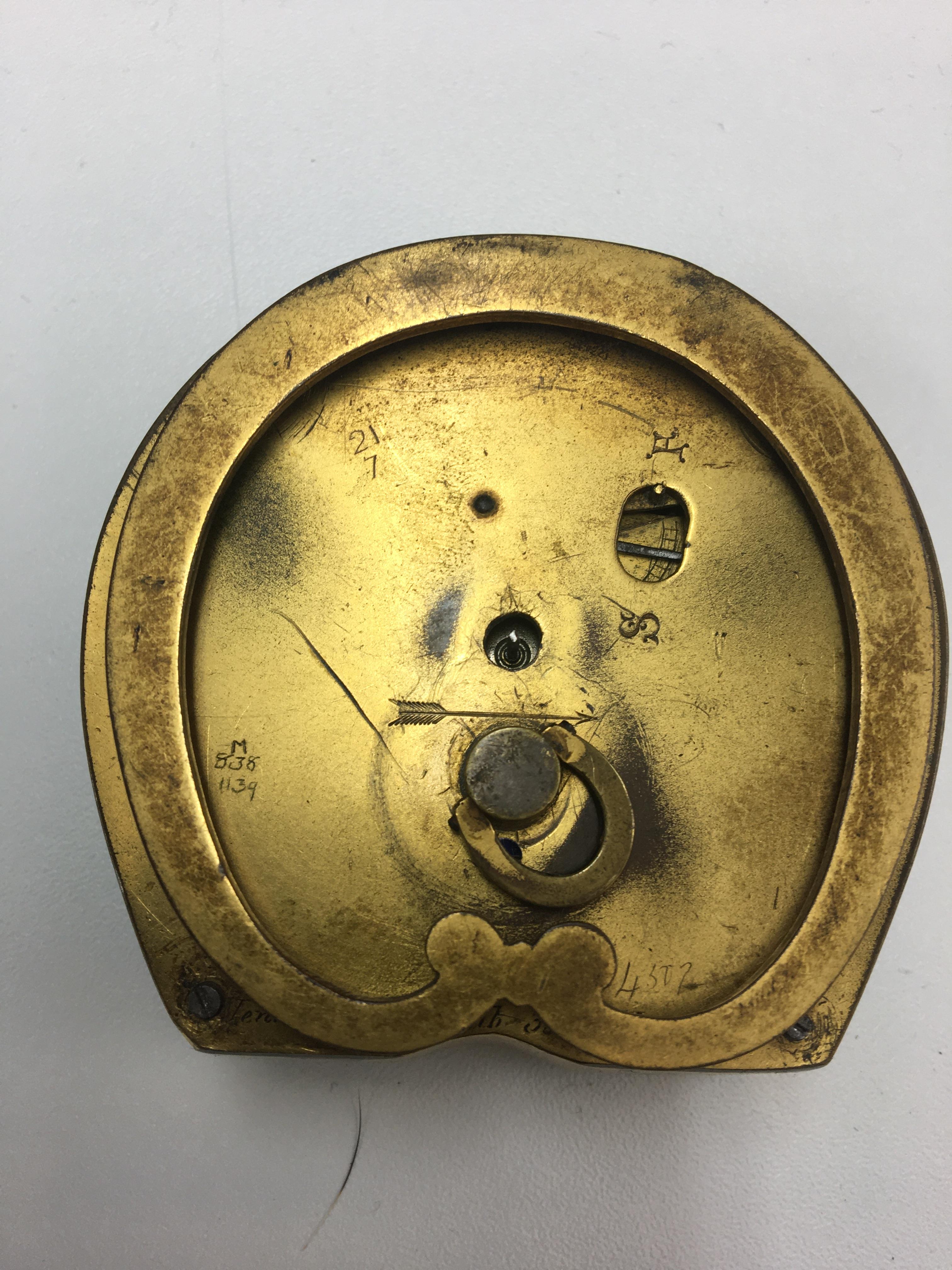 Jenner & Knewstub Horse shoe strut Clock, with enamel and monogram. - Image 5 of 6