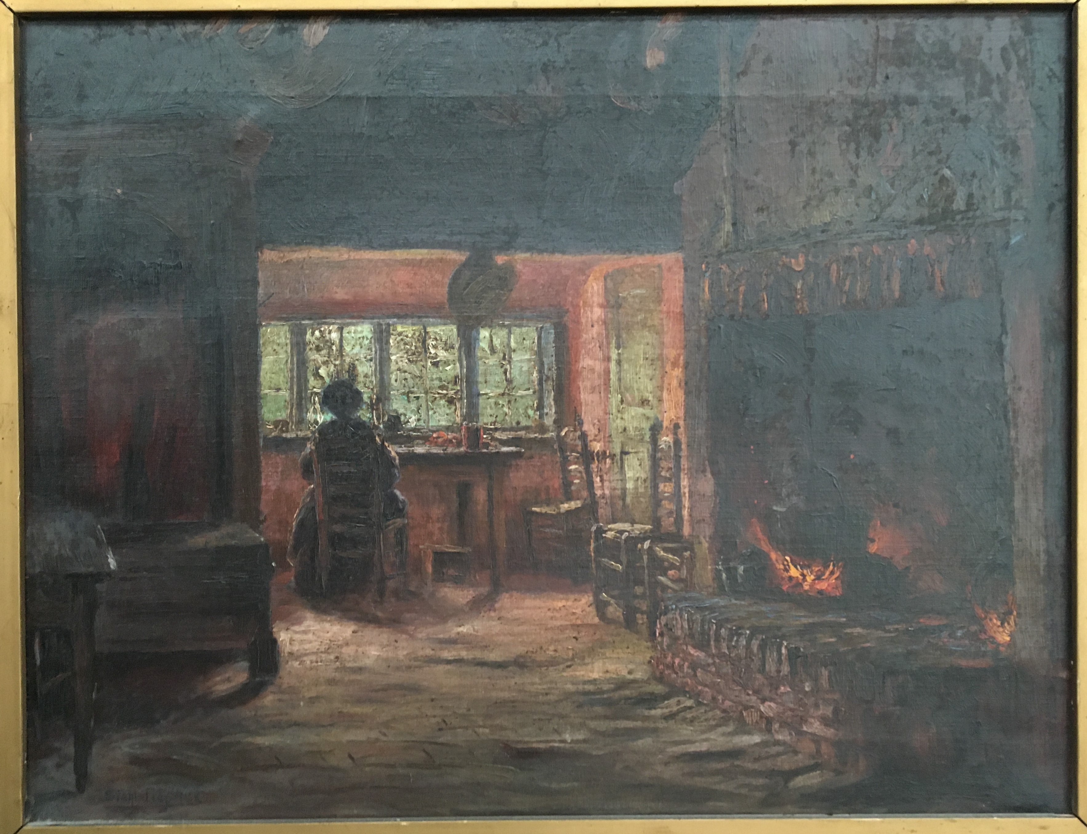 Johann Georg Siehl-Freystett (1868-1919) oil on canvas interior scene of seated woman by fireside,