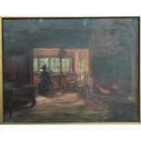 Johann Georg Siehl-Freystett (1868-1919) oil on canvas interior scene of seated woman by fireside,