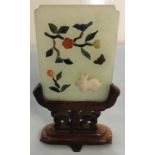 Miniature Jade screen on hardwood stand, set with semi-precious carvings.