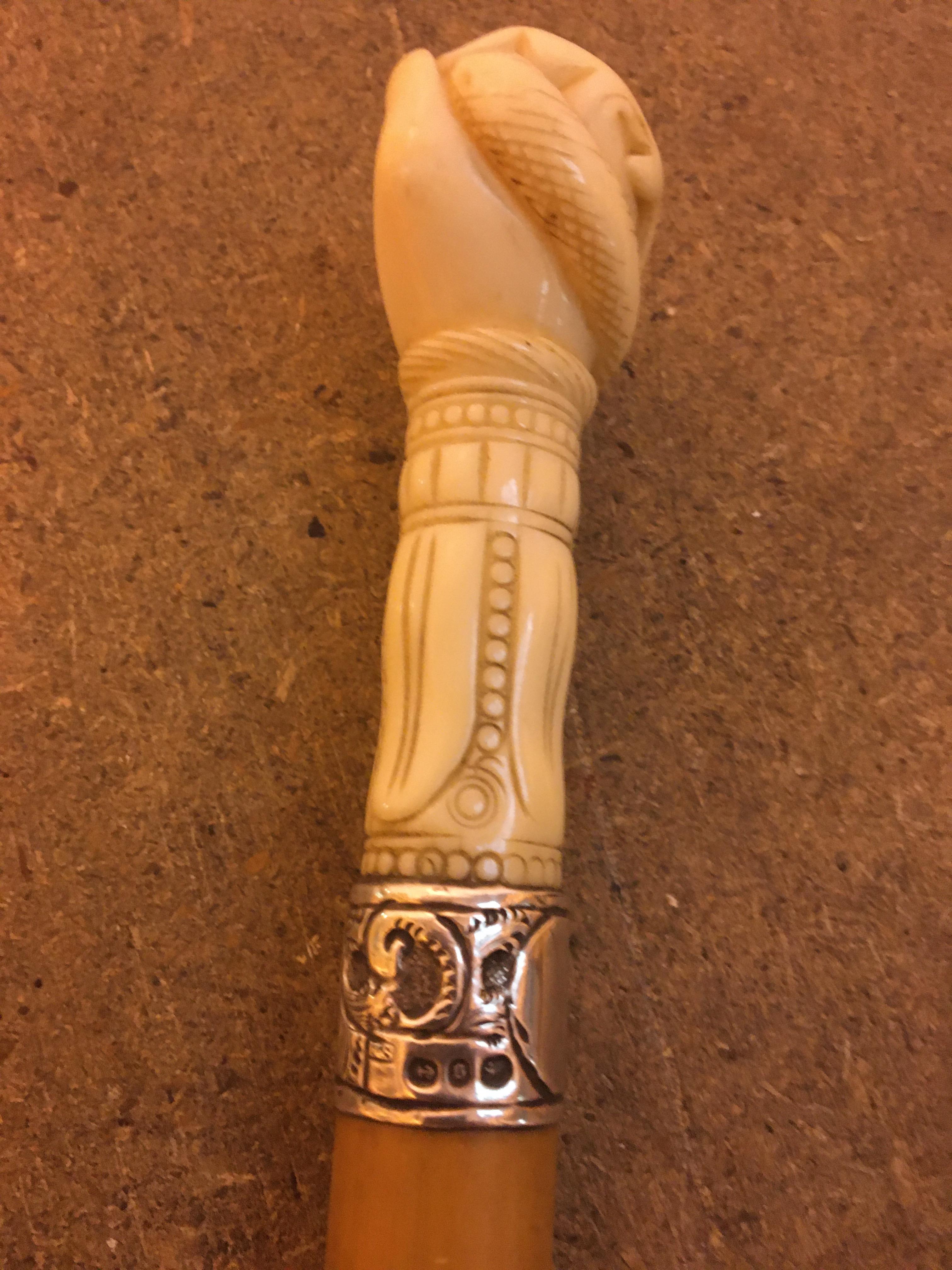 Victorian Silver collared Ivory handled walking cane carved as a hand with a snake.hallmarked - Image 5 of 6