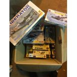 Box of military vehicles and Plane kits.