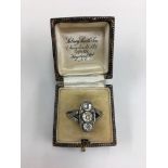 14K three stone vintage diamond dress ring, approx total diamond weight one carat.