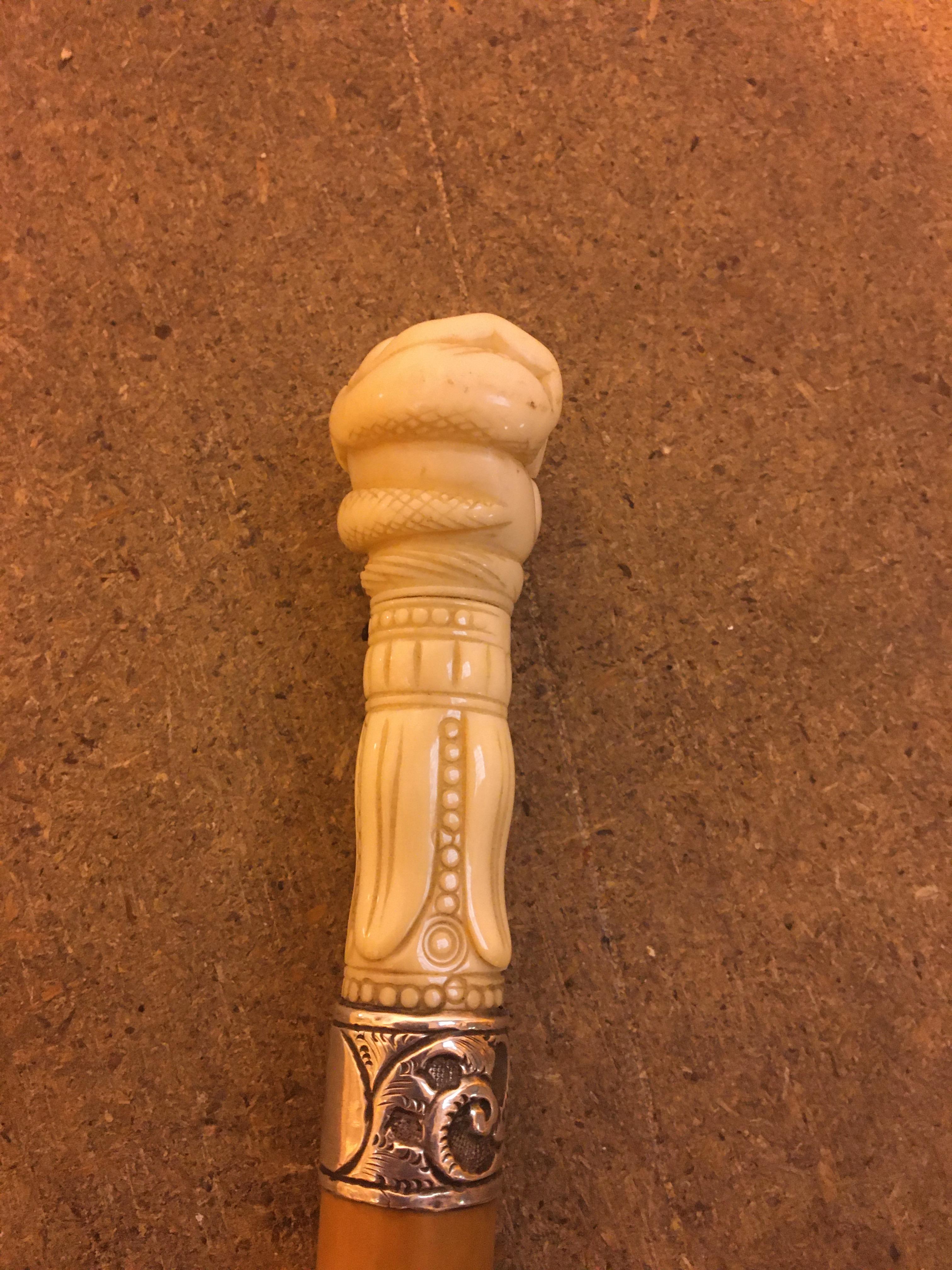 Victorian Silver collared Ivory handled walking cane carved as a hand with a snake.hallmarked - Image 6 of 6