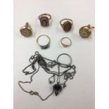 Four gold dress rings and silver dress jewellery items.