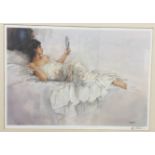 E R Sturgeon signed print of woman on bed with mirror, after Sir William Russel Flint.