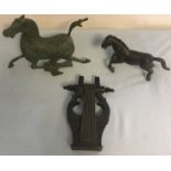 Two Bronze Horse figures and a Lyre.