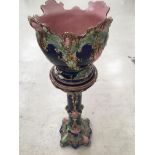 Large 19th C Blue Majolica Planter and stand, planter in mint condition, the stand has an old repair