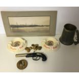 Militaria , buttons, gun lighter, tin, tankard etc.