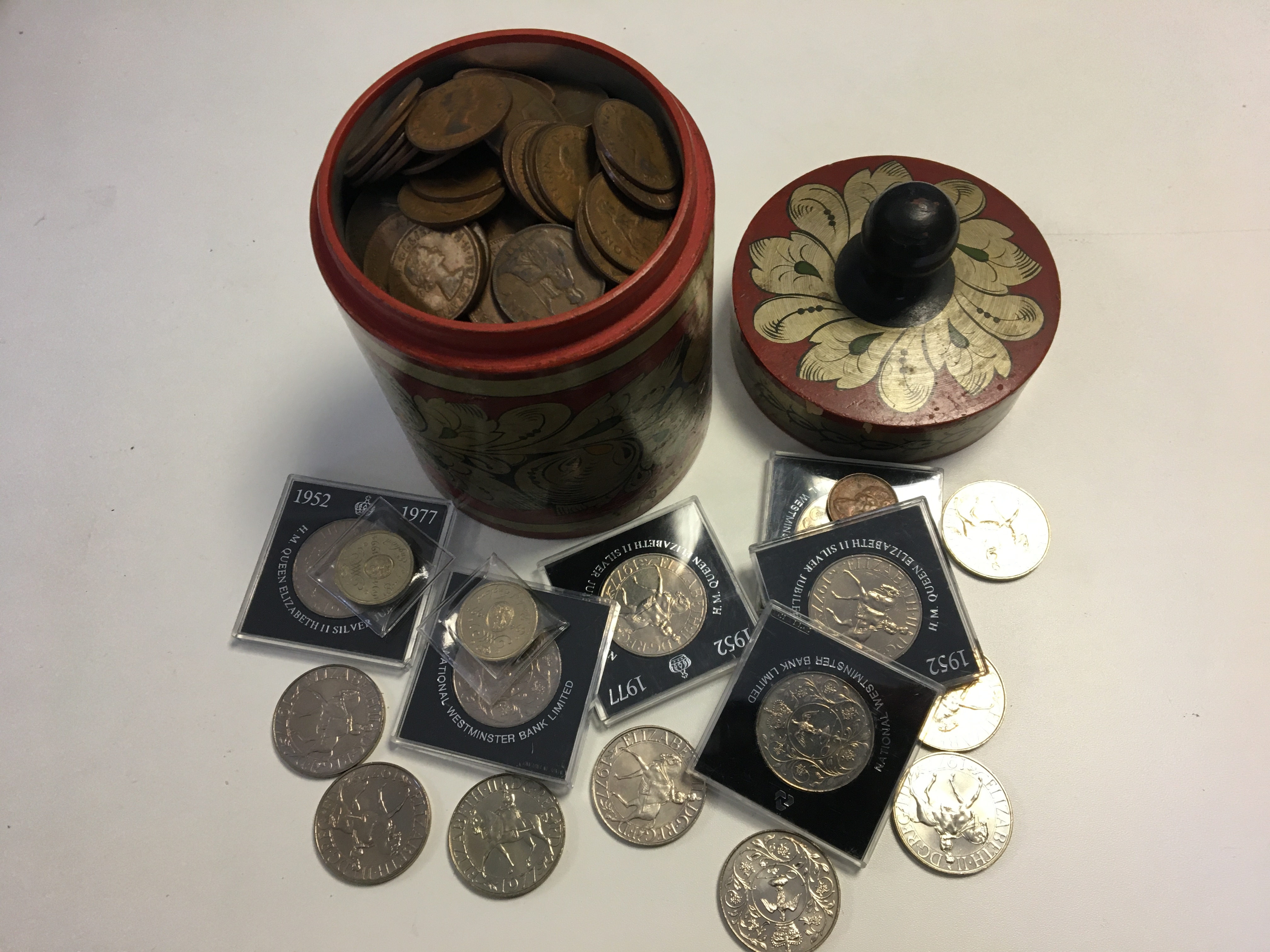 Quantity of coins World and GB in Russian Tea caddy.