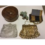 Vintage handbags and cigarette case compact, glass dragon and round box.