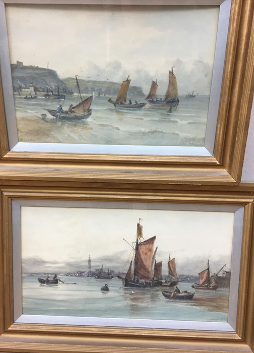 Two fishing scene watercolours by F Jamieson, one of ships in Grimsby, the other in Scarboro, along