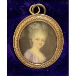 18th/19th C Miniature of woman in wig dressed in finery. 40 mm x 36 mm.