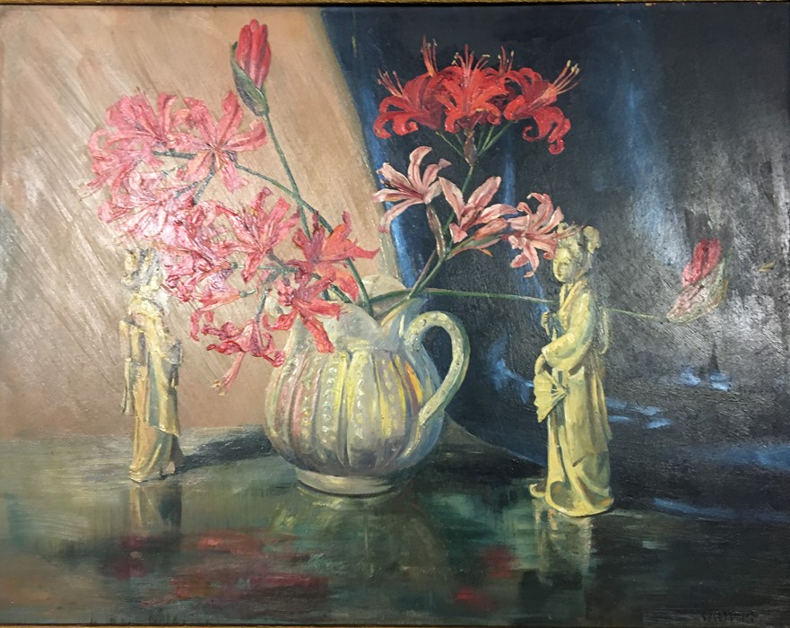 Detailed still life of flowers and ivory carvings of women., signed Masone lower right. - Image 6 of 6