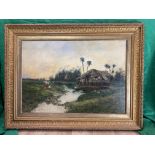 Large oil on canvas of hut on lake with palm trees and woman.
