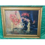 Detailed still life of flowers and ivory carvings of women., signed Masone lower right.