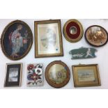 Qty miniature Paintings, watercolours, and pietra dura plaque.