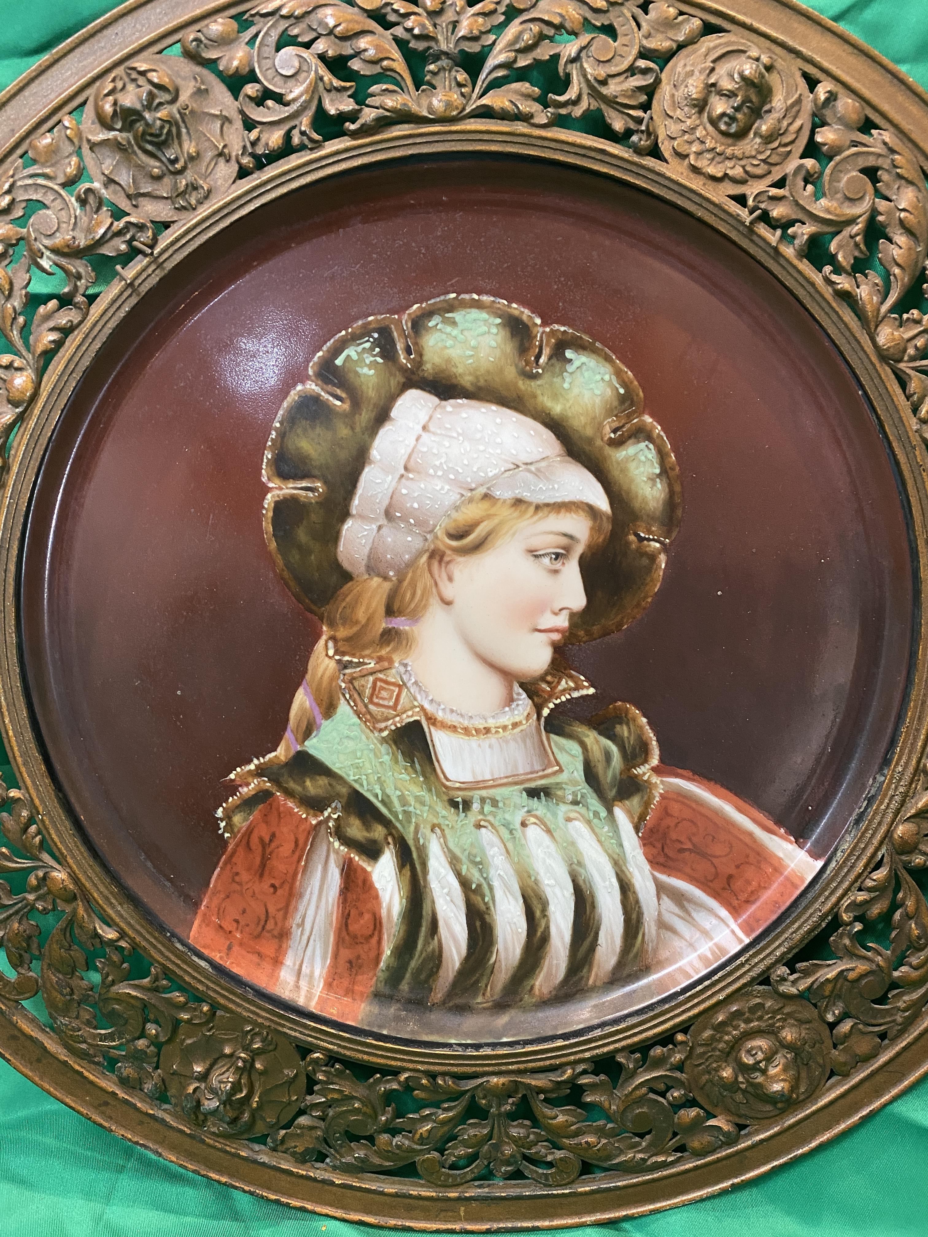 19th C Continental painted ceramic plaque portrait of woman in ornate filigree metal surround. - Image 3 of 4