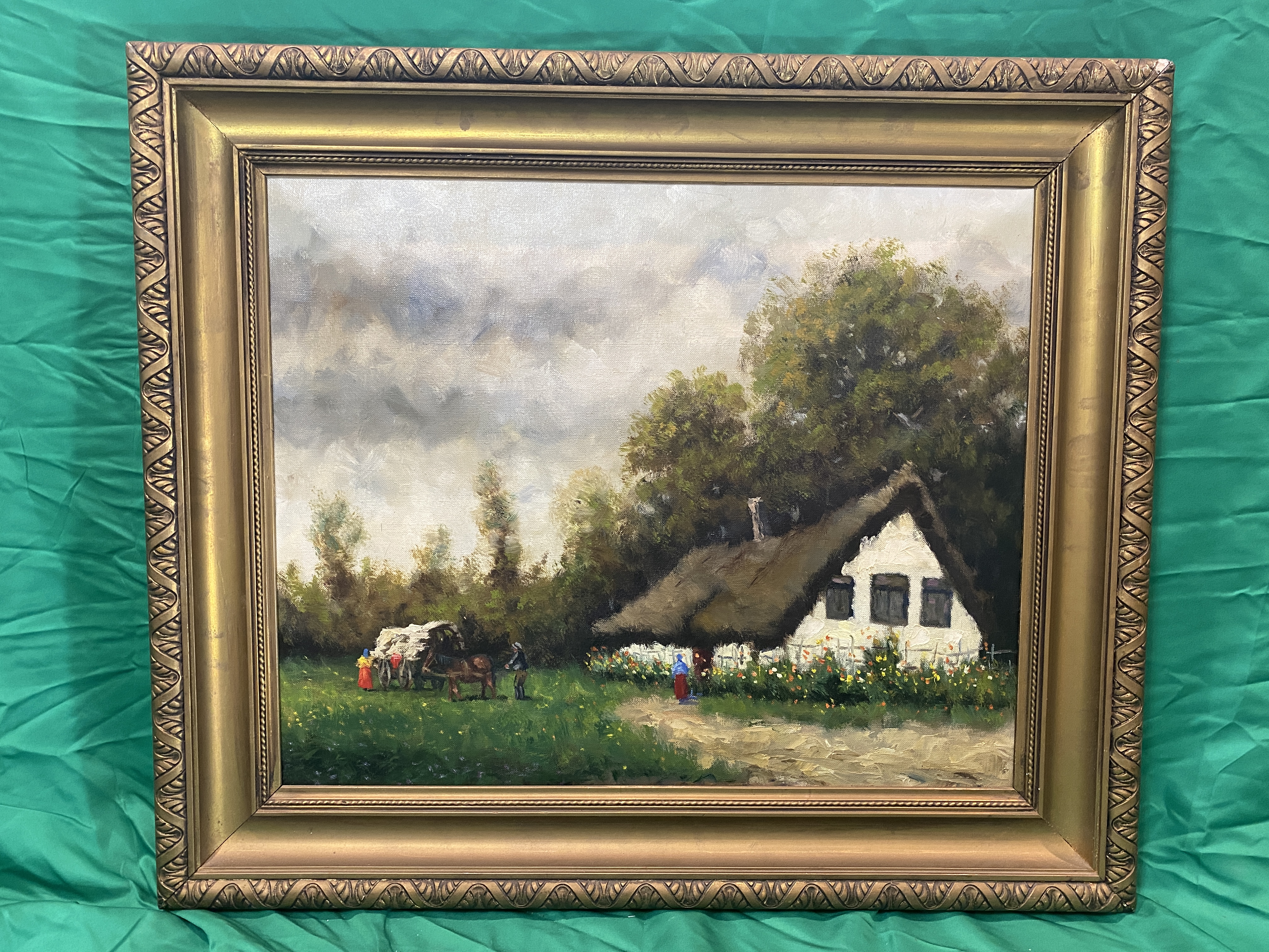 Oil on Board of cart by a rural cottage.