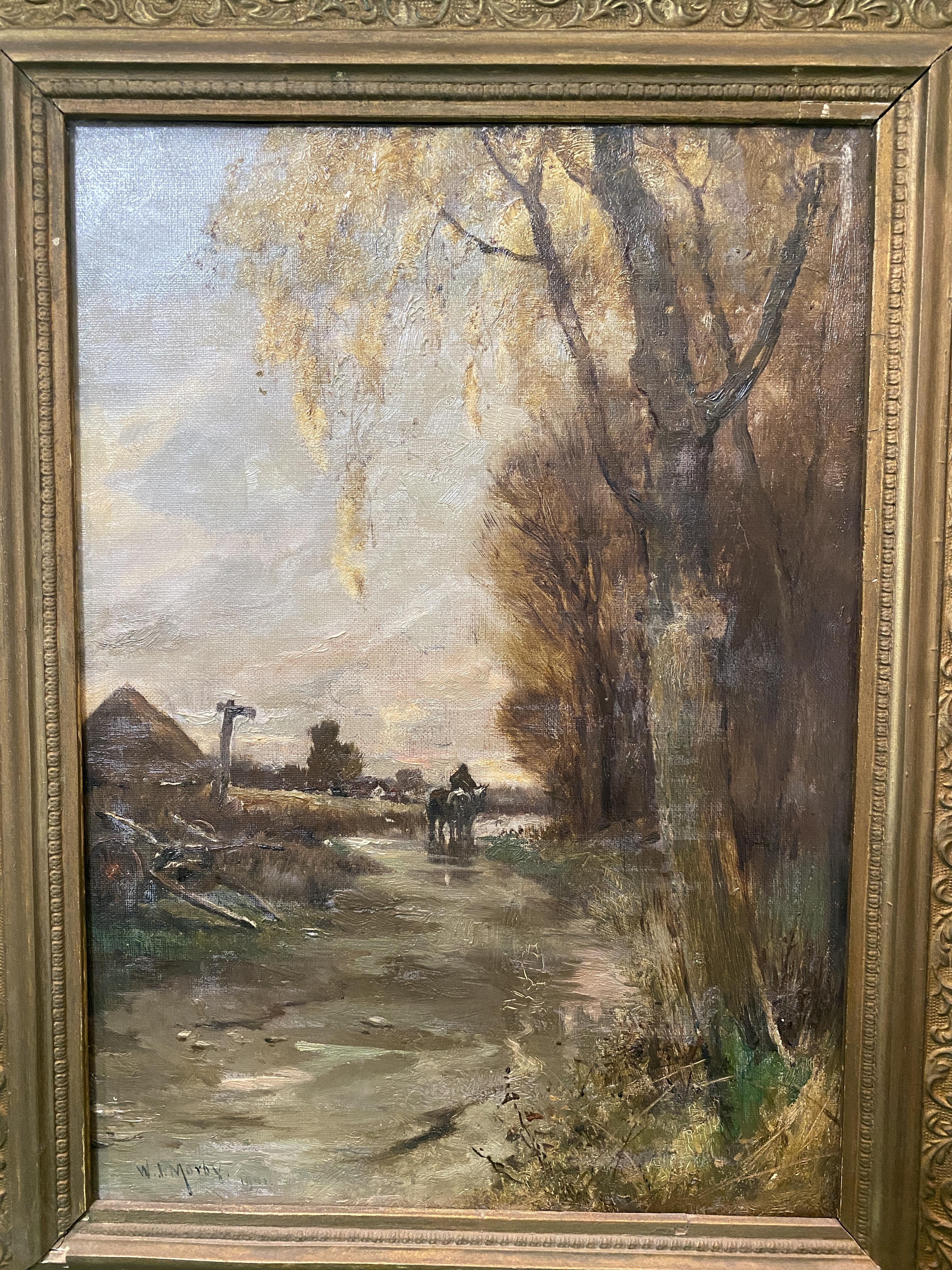 19th c Oil on canvas of farm scene and horse by crossing. signed lower left. - Image 2 of 4